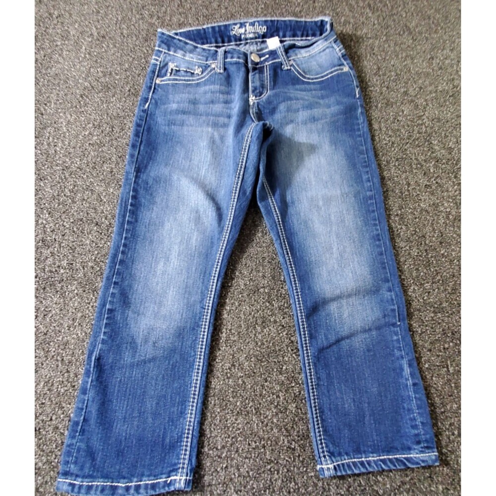 Love Indigo Capri Denim Pants Women's 6 Embellished Pockets Bling Medium Wash